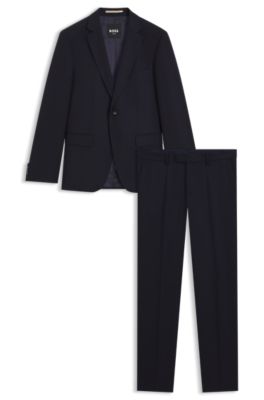 Traje slim fit de dos piezas en lana virgen estampada, Azul oscuro