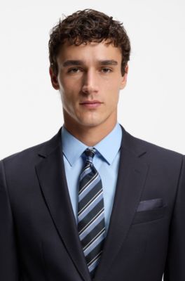 Two-piece slim-fit suit in patterned virgin wool, Dark Blue