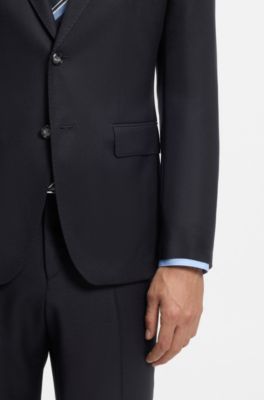 Traje slim fit de dos piezas en lana virgen estampada, Azul oscuro