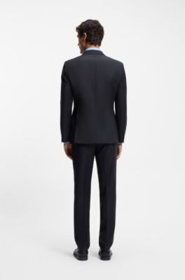 Traje slim fit de dos piezas en lana virgen estampada, Azul oscuro