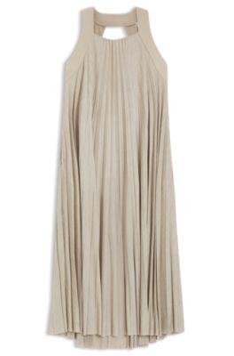 Pliss&eacute;-pleat dress with halterneck, Light Beige