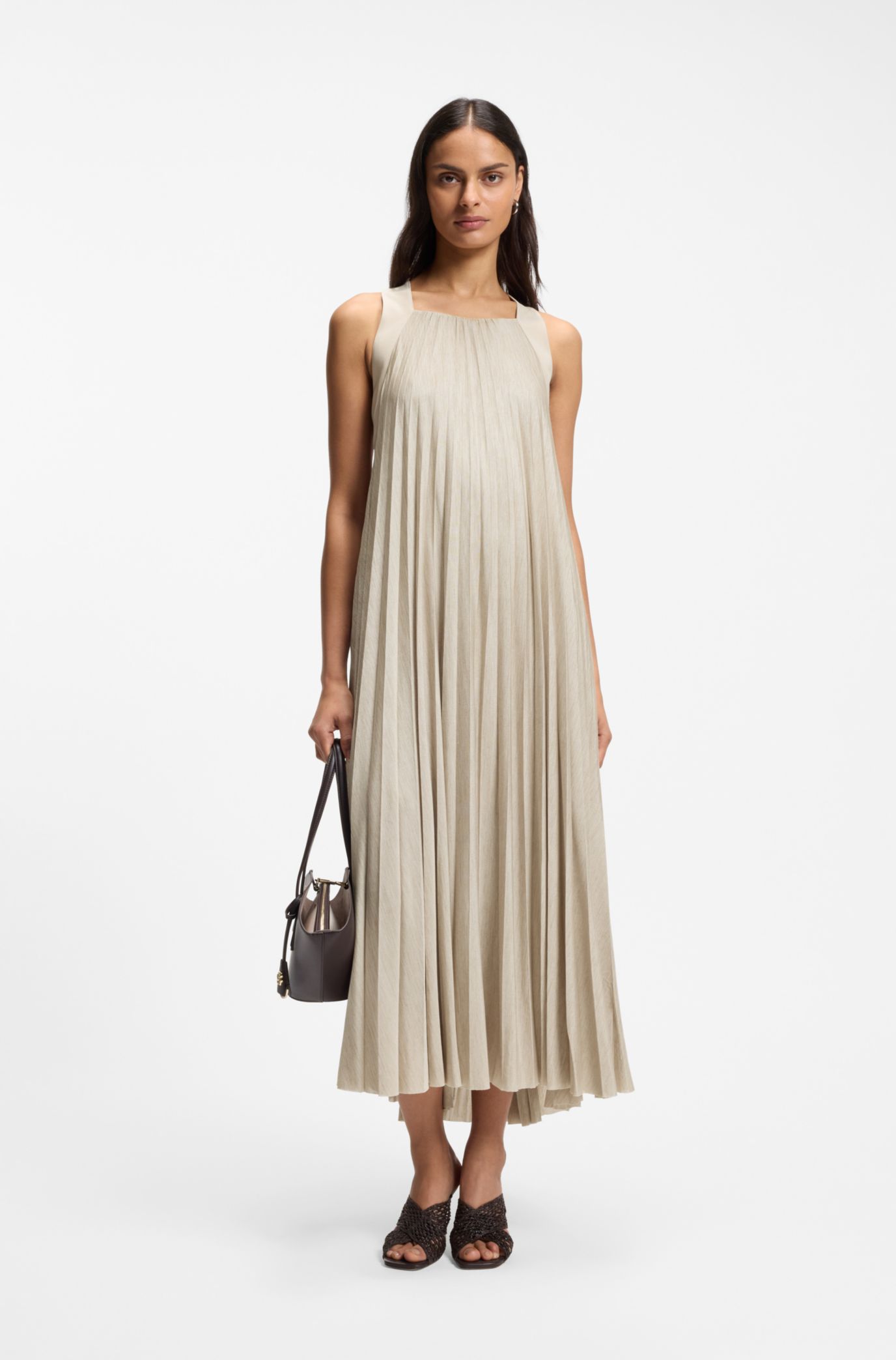 BOSS Pliss-pleat Dress with halterneck, Women, Size: M, Light Beige