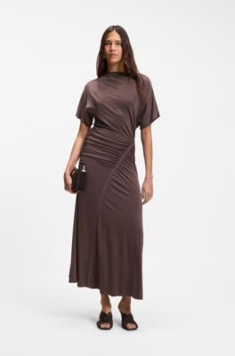 Gathered-detail dress in a slim fit, Dark Brown
