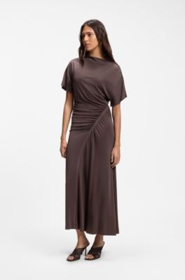 Gathered-detail dress in a slim fit, Dark Brown
