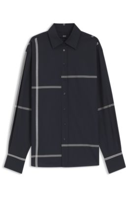 Checked relaxed-fit blouse in cotton canvas, Dark Blue