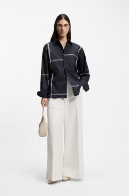 Checked relaxed-fit blouse in cotton canvas, Dark Blue