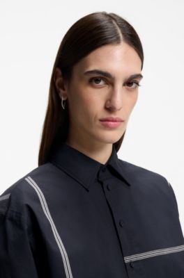 Checked relaxed-fit blouse in cotton canvas, Dark Blue