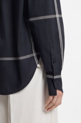 Checked relaxed-fit blouse in cotton canvas, Dark Blue