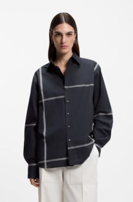 Checked relaxed-fit blouse in cotton canvas, Dark Blue