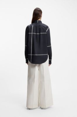 Checked relaxed-fit blouse in cotton canvas, Dark Blue