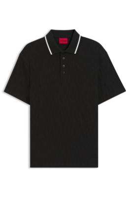 Stripe-collar polo shirt in cotton jacquard, Black