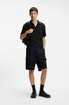 Stripe-collar polo shirt in cotton jacquard, Black