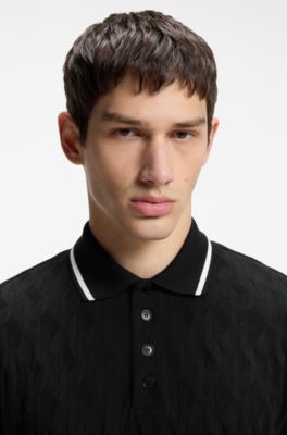 Polo en coton jacquard avec col ray&eacute;, Noir
