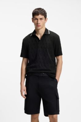Stripe-collar polo shirt in cotton jacquard, Black