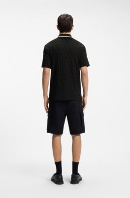 Polo en coton jacquard avec col ray&eacute;, Noir