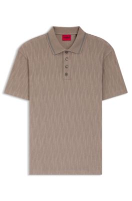 Stripe-collar polo shirt in cotton jacquard, Light Brown