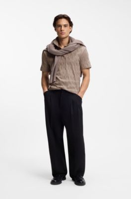 Stripe-collar polo shirt in cotton jacquard, Light Brown