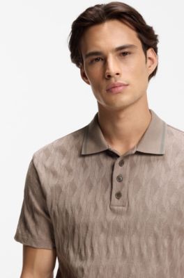 Stripe-collar polo shirt in cotton jacquard, Light Brown