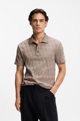 Stripe-collar polo shirt in cotton jacquard, Light Brown