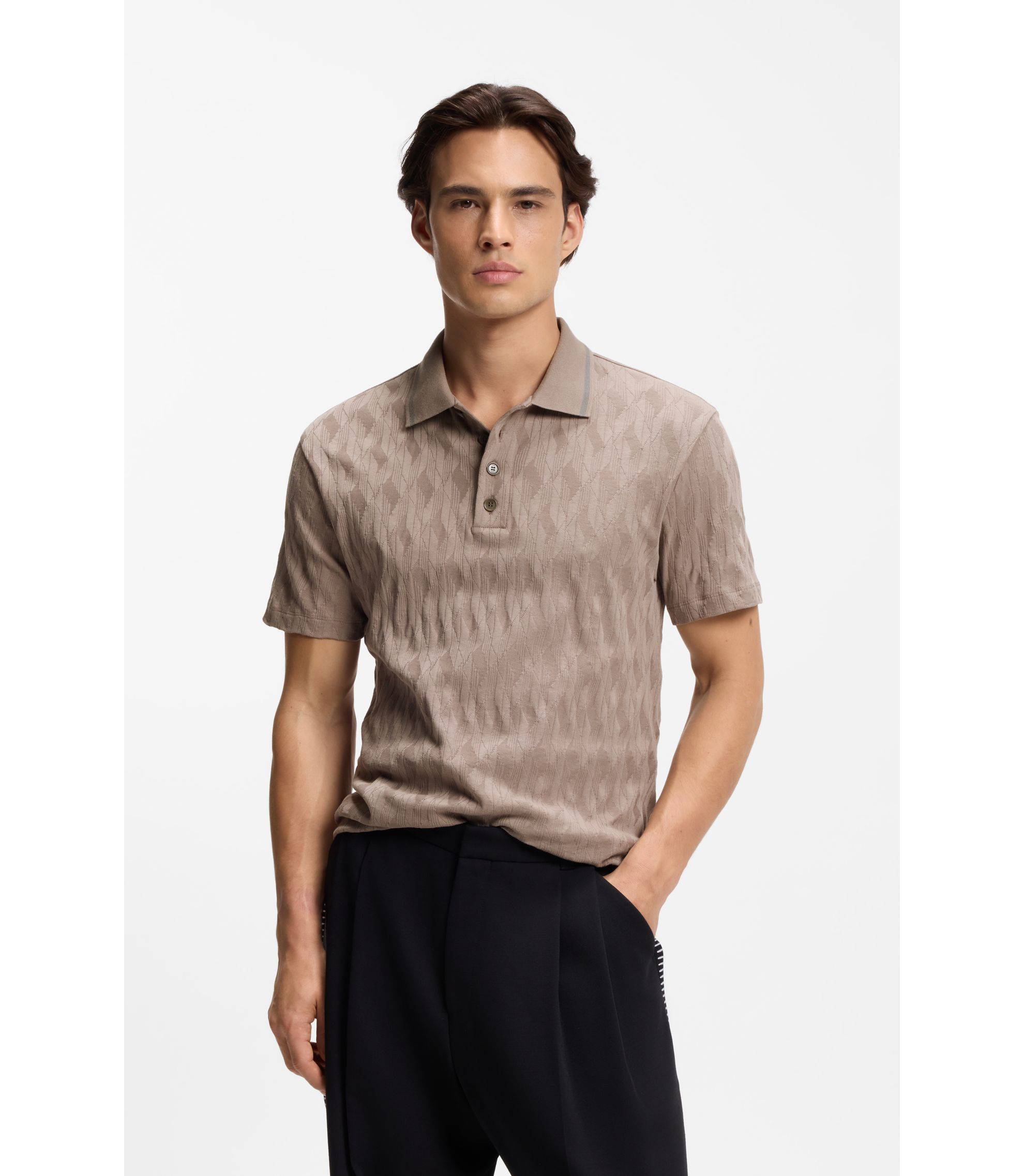 HUGO - Stripe-collar polo shirt in cotton jacquard - Light Brown