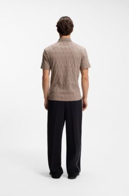 Stripe-collar polo shirt in cotton jacquard, Light Brown
