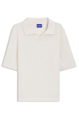 Waffle-structure knit polo with Johnny collar, White