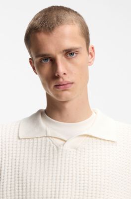 Polo de punto con estructura de rejilla y cuello abierto, Blanco