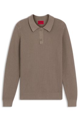 Relaxed-fit sweater in structured cotton with polo collar, Light Brown
