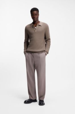 Relaxed-fit sweater in structured cotton with polo collar, Light Brown