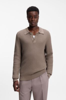 Relaxed-fit sweater in structured cotton with polo collar, Light Brown