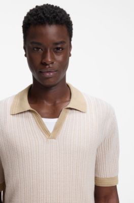 Jersey con cuello Johny en algod&oacute;n y lino, Beige