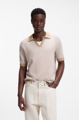 Johhny-collar sweater in cotton and linen, Beige