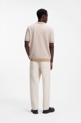 Jersey con cuello Johny en algod&oacute;n y lino, Beige