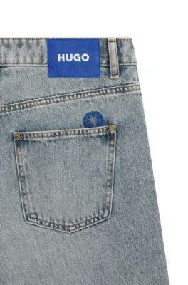 Ocean-blue loose-fit jeans in rigid denim, Blue