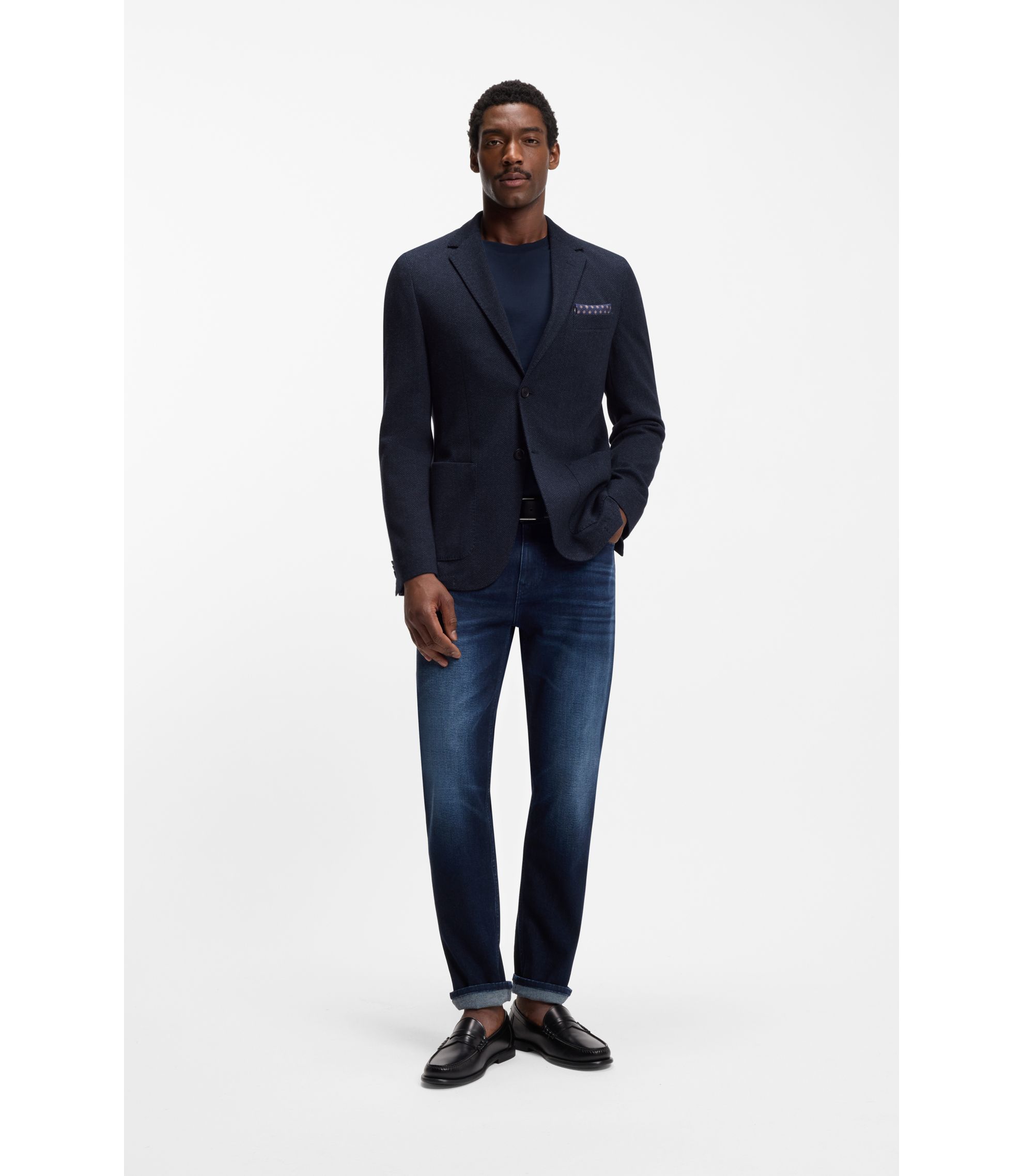 BOSS - Herringbone regular-fit jacket in a cotton blend - Dark Blue