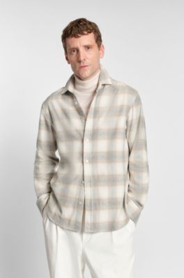 Camisa relaxed fit en franela de algod&oacute;n a cuadros, Blanco