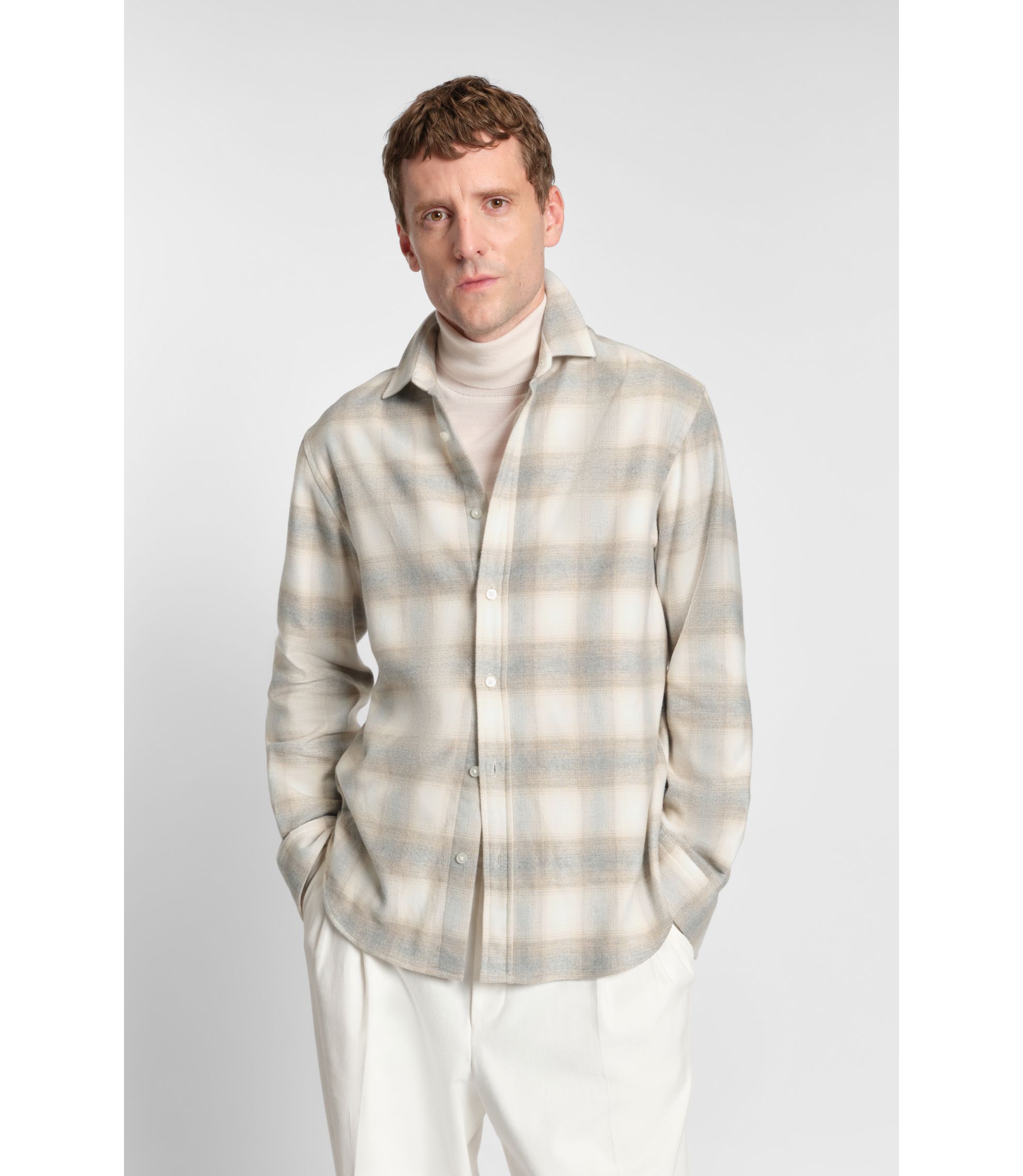 BOSS - Checked relaxed-fit shirt in cotton flannel - White