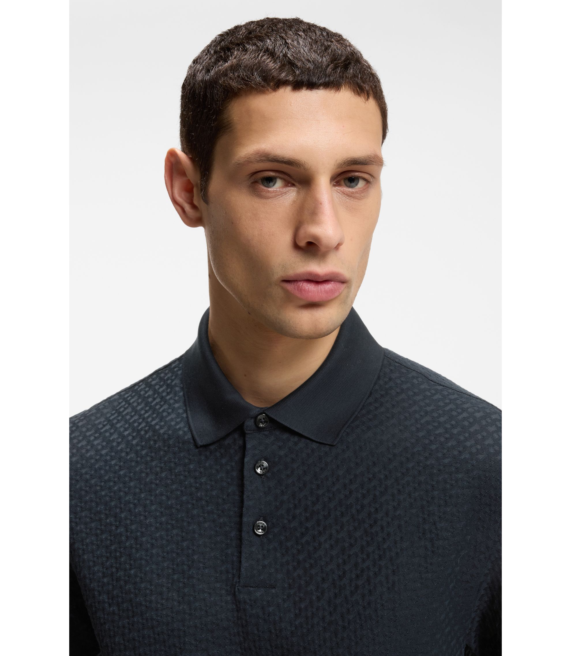 BOSS - Monogram-jacquard polo shirt in cotton - Dark Blue