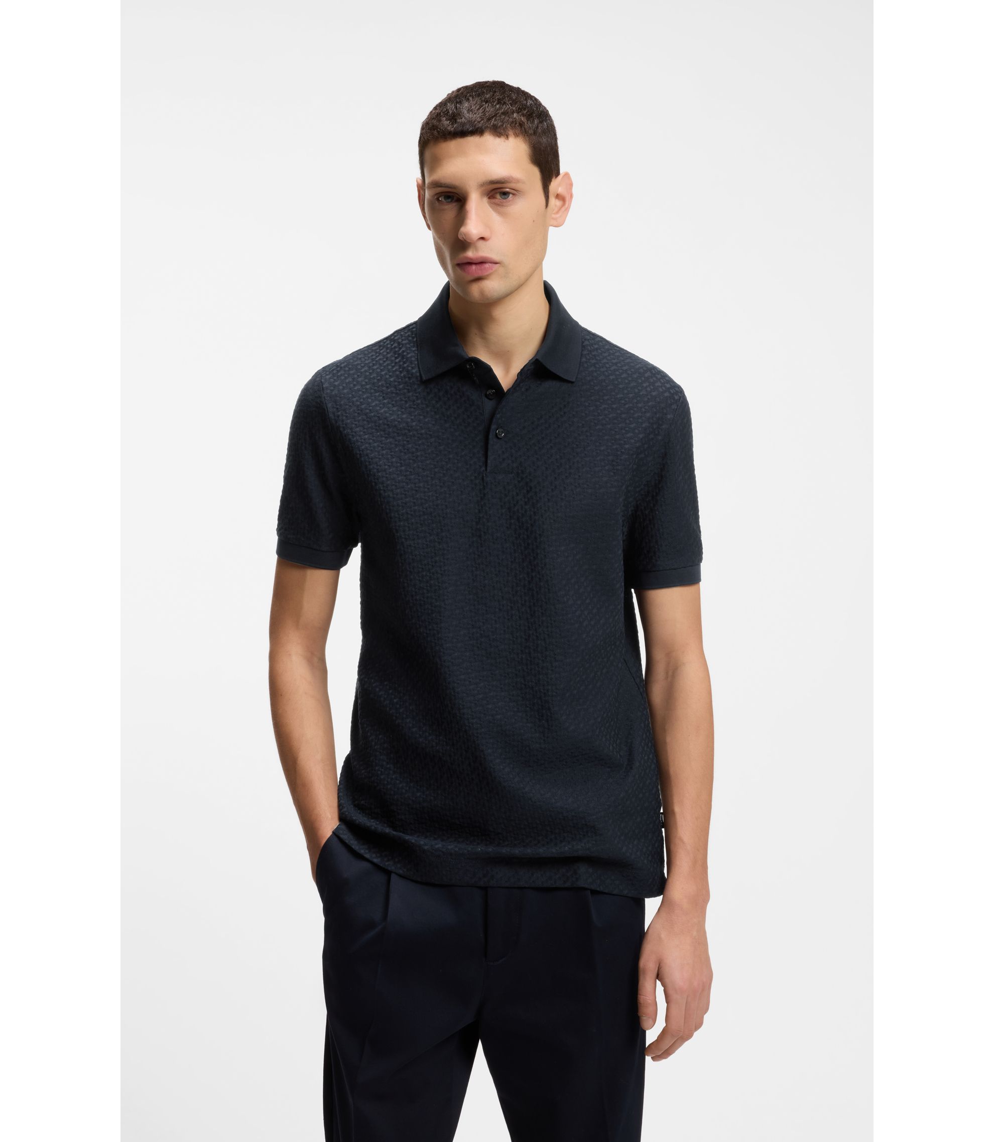 BOSS - Monogram-jacquard polo shirt in cotton - Dark Blue
