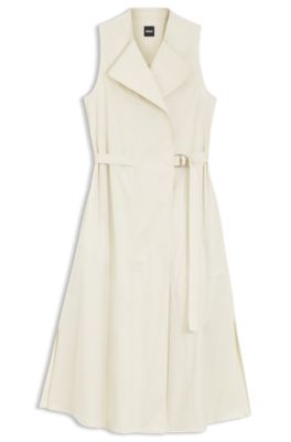 Adjustable-belt wrap dress in stretch cotton, White