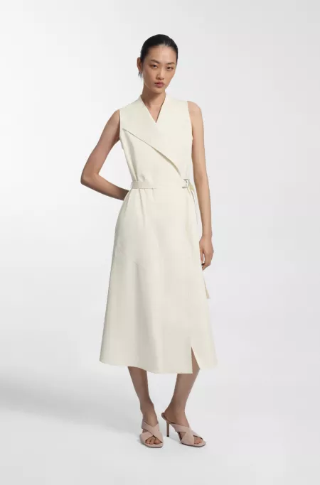 Adjustable-belt wrap dress in stretch cotton