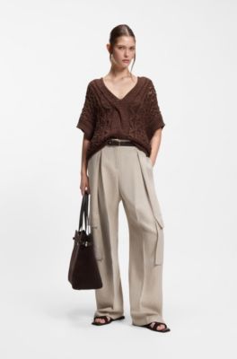 Cotton-blend knit top with cable detailing, Dark Brown