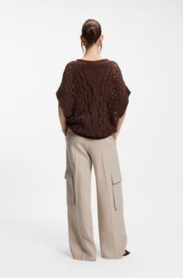 Cotton-blend knit top with cable detailing, Dark Brown