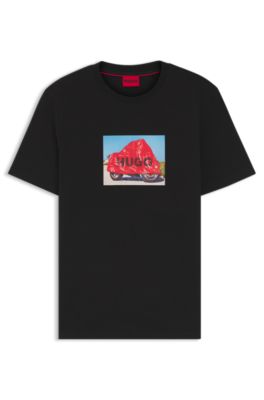 Camiseta en punto de algod&oacute;n con ilustraci&oacute;n de estilo biker, Negro