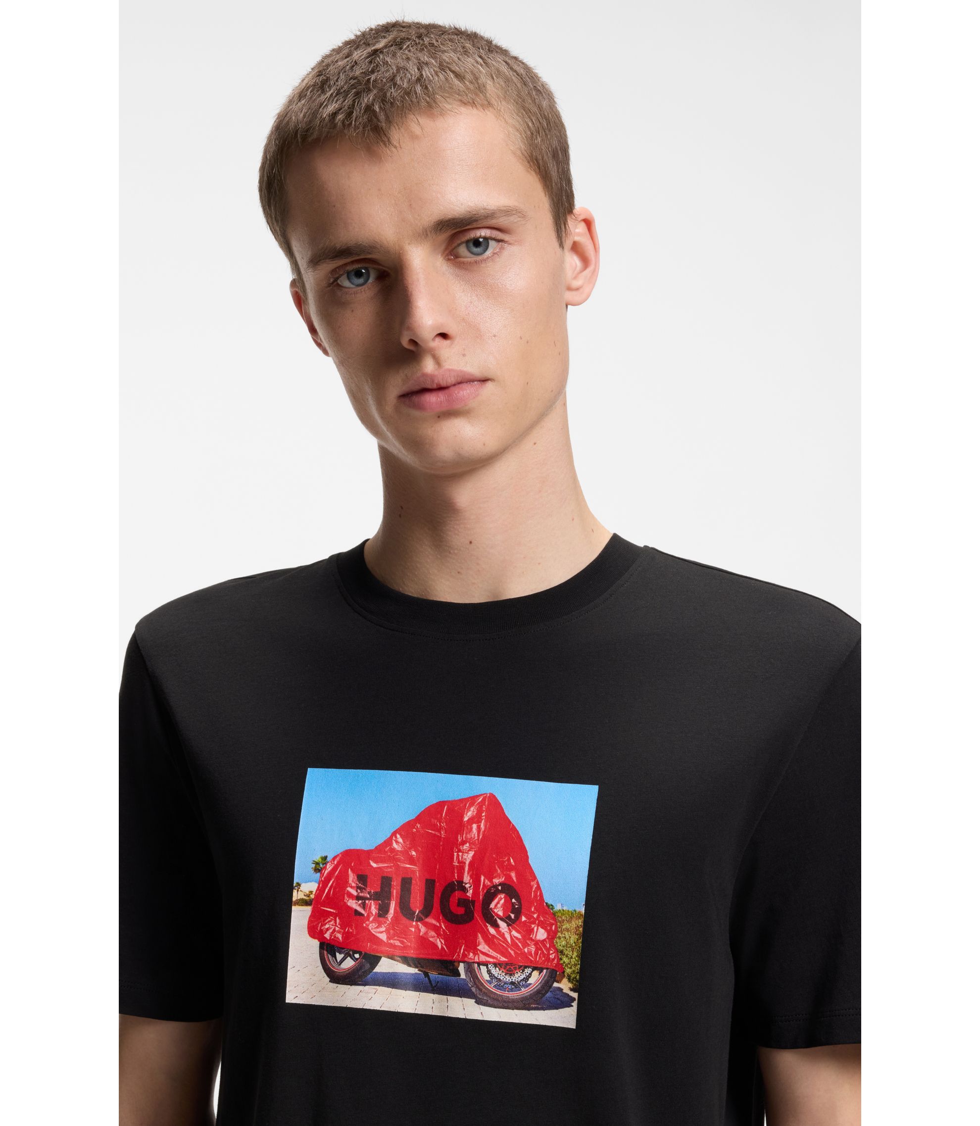 HUGO - Cotton-jersey T-shirt with biker-inspired artwork - Black