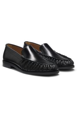 Ruched-detail moccasins in leather, Black