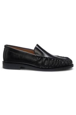 Ruched-detail moccasins in leather, Black