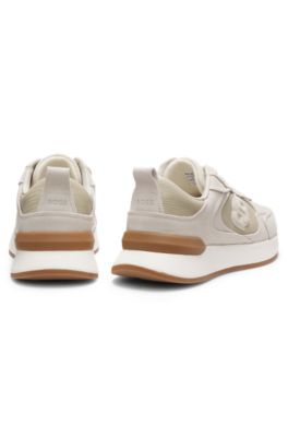 Baskets en cuir su&eacute;d&eacute; et similicuir &agrave; imprim&eacute; l&eacute;zard, Beige clair