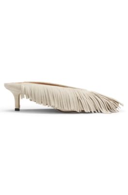 Mules de ante con flecos, Beige claro