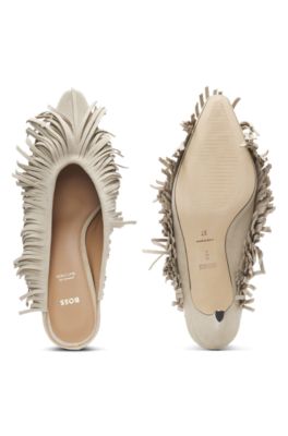 Mules de ante con flecos, Beige claro